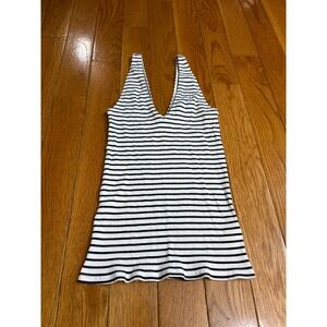 Express One Eleven Womens Small Striped Ribbed Deep V-Neck Tank Top navy White